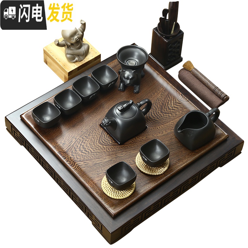 三维工匠鸡翅实木茶盘紫砂壶功夫茶具套装家用整代排水简约茶台 鸡翅木四方聚福单盘 2件高清大图