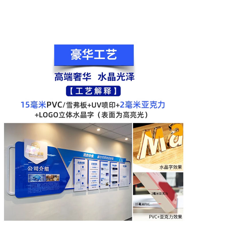 肯帝邦立体亚克力企业文化墙豪华工艺定制-15MM雪弗板+2mm亚克力+LOGO立体水晶字 每平方价格(含设计安装)高清大图