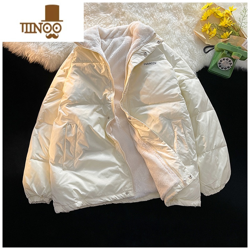 YANXU冬季羔绒棉衣男士潮牌宽松保暖棉袄外套情侣bf港风立领加厚棉服 米白色 L