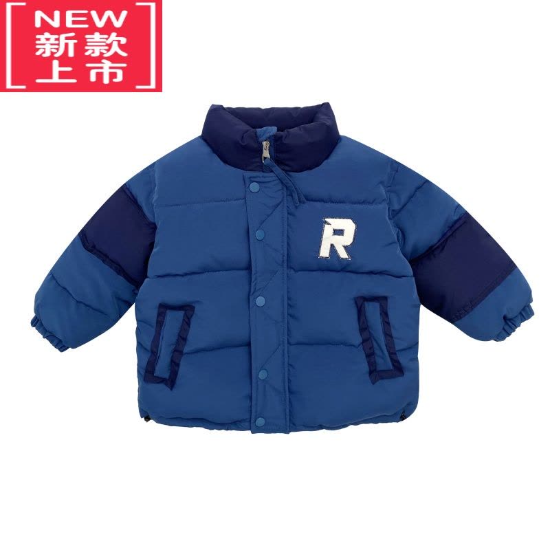 可莉允小小郑童装儿童棉衣宝宝字母拼接蓝色短款厚实暖和男童棉服外套图片