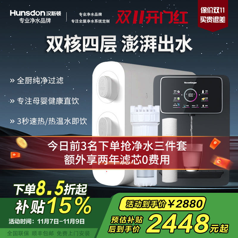 汉斯顿/Hunsdon[国家补贴]家用0阻垢剂净水器管线机套装厨下式净饮机RO反渗透净水机过滤器母婴直饮厨房纯水机D3