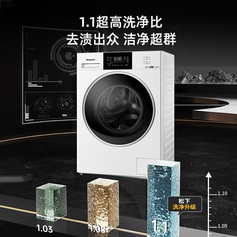 松下白月光洗衣机家用全自动滚筒白色洗衣机烘干机一体机 ND1A5