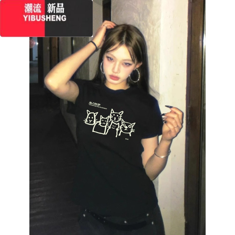 YIBUSHENG美式黑色正肩短袖t恤女季涂鸦小狗设计感小众修身辣妹短款上季高清大图