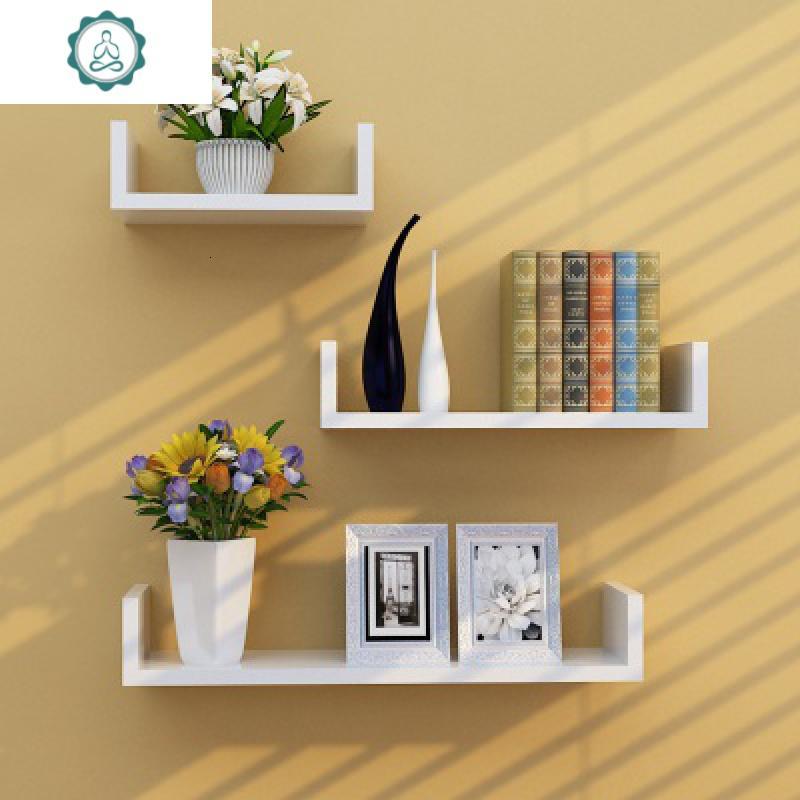 客厅墙上免打孔置物架墙壁挂书架隔板储物架电视背景墙装饰架封后柚木
