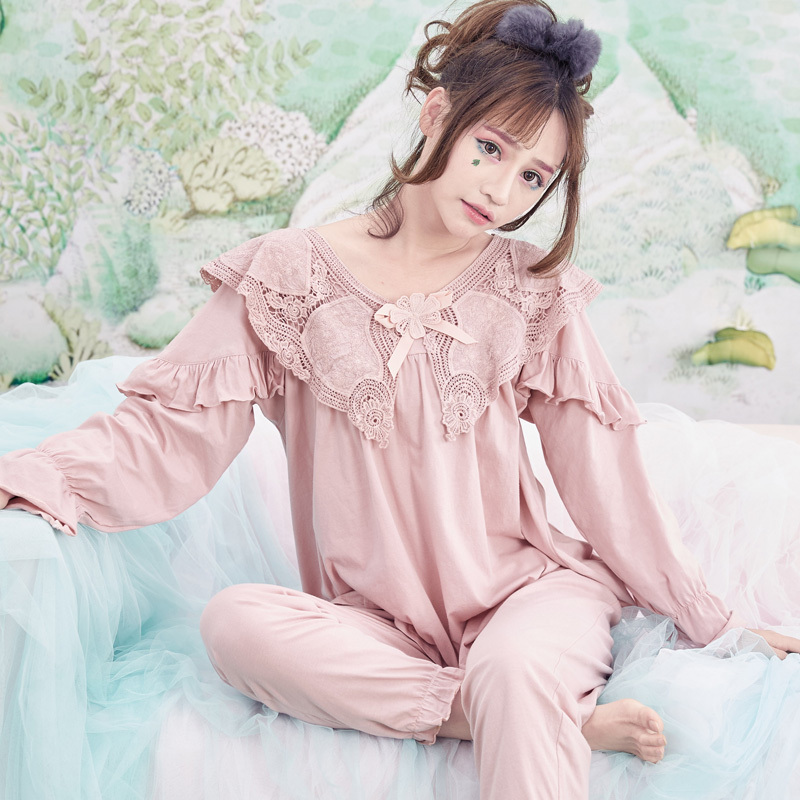 茜靓睡衣女蕾丝公主睡衣女针织纯棉长袖套装甜美宫廷春秋季家居服