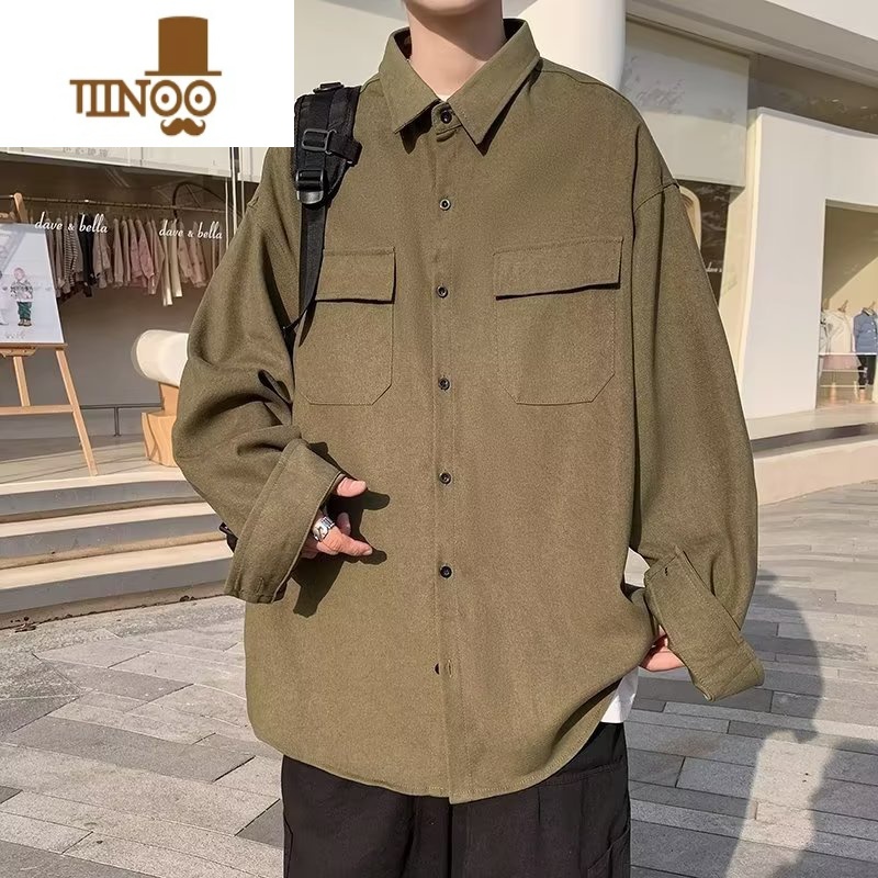 YANXU长袖衬衫男新款港风宽松纯色上衣青年潮牌工装外套潮流寸衫高清大图