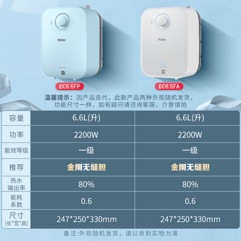 海尔(Haier)电热水器6.6升家用上出水小厨宝 2200W速热 安全防电墙 一级能效 便捷旋钮调温高清大图