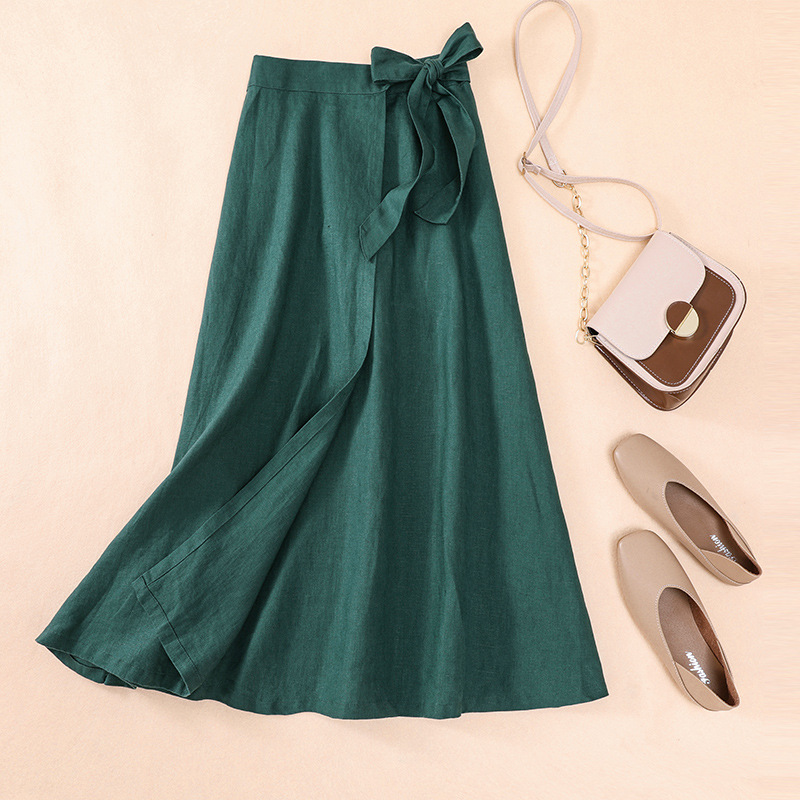 实拍棉麻半身裙子设计感侧绑带中长裙高腰系带a字型围裹裙