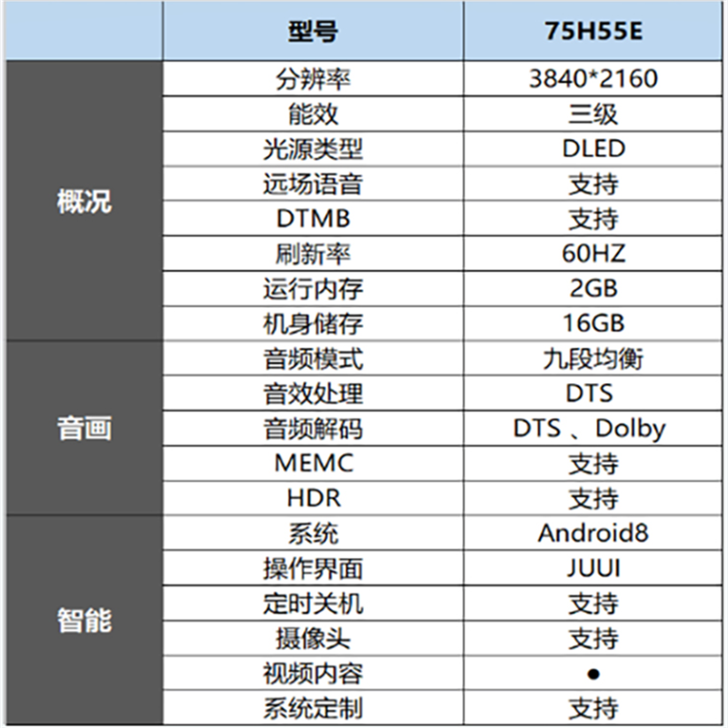 海信(Hisense)75H55E 75英寸 超高清4K 智能液晶平板电视机 家用商用电视 单台价
