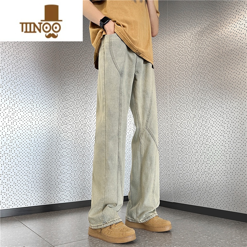 YANXU美式复古vibe裤子高街潮牌水洗做旧黄泥染牛仔裤男设计感休美复美高清大图