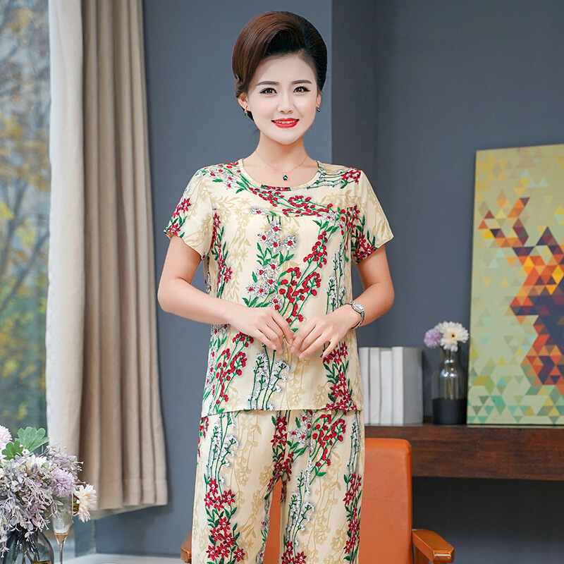 波迷娜（BOMINA)中老年棉绸睡衣女马裤套装2021新款宽松妈妈夏短袖裤绵绸两套装人造棉服