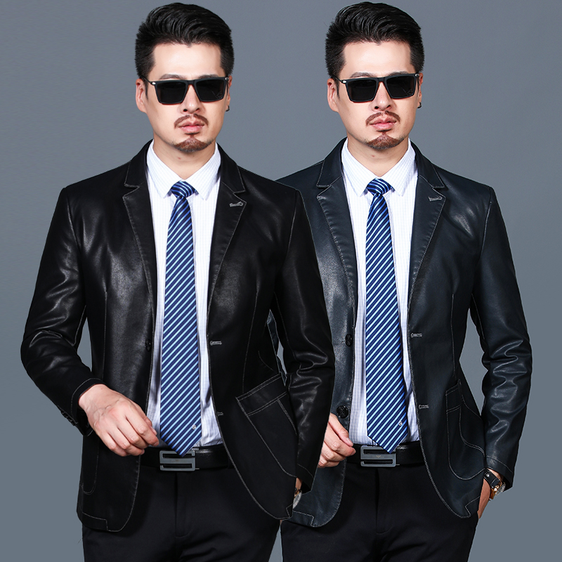海宁山羊皮真皮西装专柜正品羊皮西服真皮皮衣男装春秋季真皮西装三粒扣真皮皮衣男式绵羊皮西服外套韩版修身男装皮衣高清大图