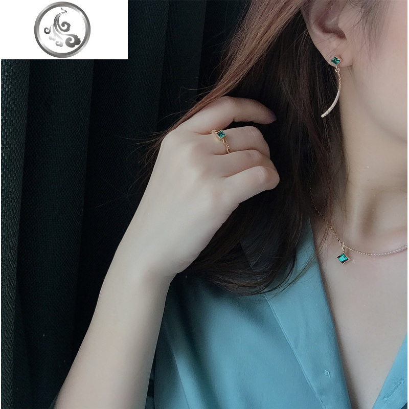 浅夏~祖母绿宝石ins珍珠锆石套装短款项链戒指925银针耳钉耳夹女 JiMi