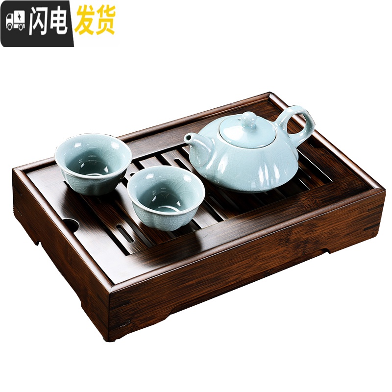 三维工匠九竹新款胡桃色竹制茶盘家用储水茶海茶台简约大小号功夫茶具套装 小盛水(胡桃色)+一壶两杯高清大图