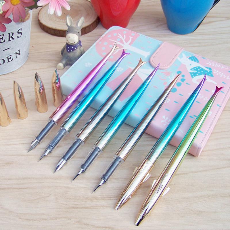 钢笔学生卡通鲨鱼可爱钢笔36年级换墨囊钢笔男女正姿书法练字笔炫彩