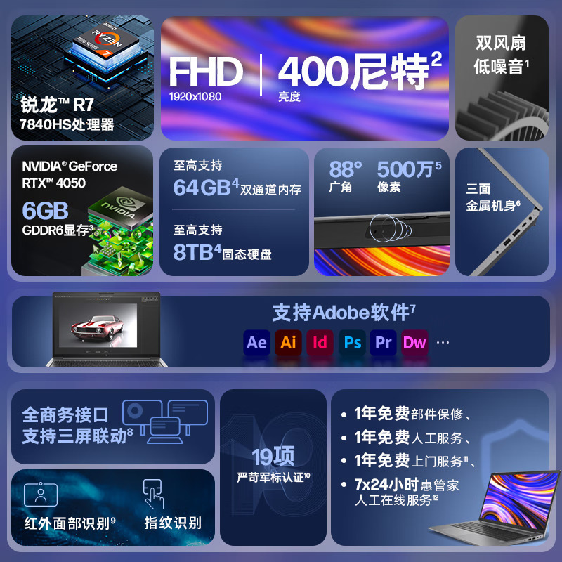 惠普(HP)战99 15.6英寸商务办公学习笔记本电脑工作站级高性能设计师本 锐龙R7-7840HS 16G内存 1TB固态 RTX4050 6G 高色域 高亮度 低蓝光 定制