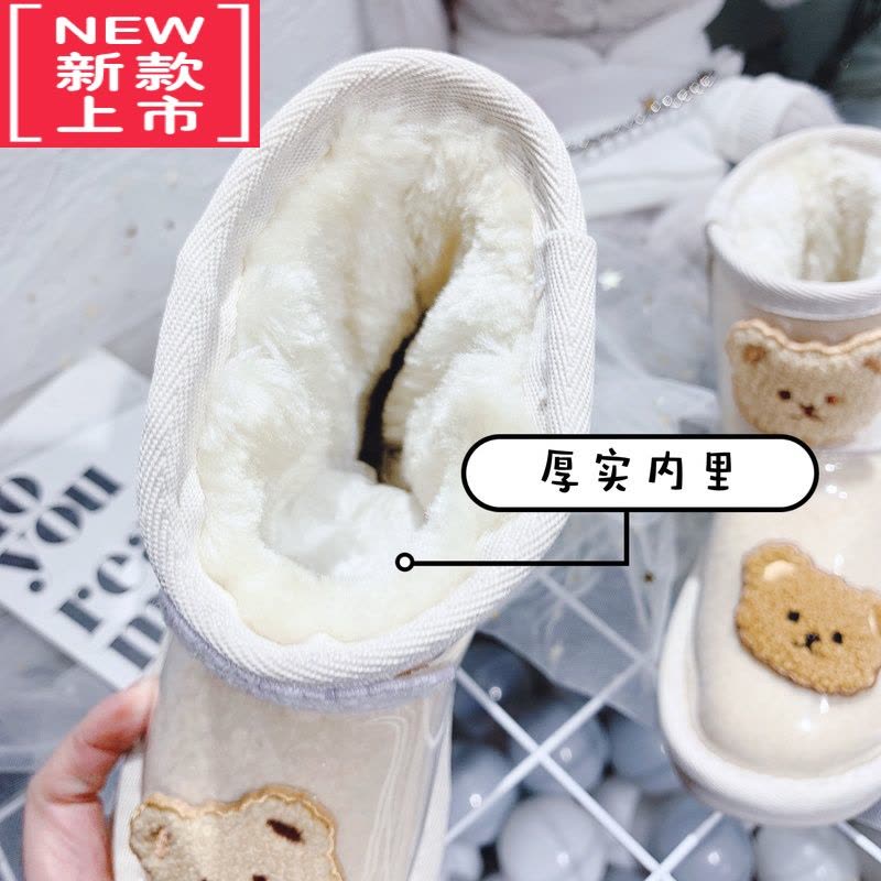 可莉允2022冬季儿童白色透明刺绣小熊雪地靴女童短筒皮面防水雪地棉加绒图片