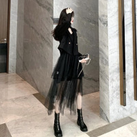 波迷娜(BOMINA)秋装2021年新款中长款网纱吊带连衣裙女小西装短外套初秋两件