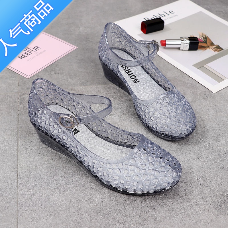 SUNTEK水晶凉鞋亲子新款百搭防滑耐磨果冻中空包头透明粗坡跟女鞋子2020 水晶黑色 37