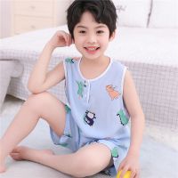 儿童绵绸睡衣男童女童宝宝无袖背心短裤棉绸夏天小孩男孩短袖套装 天蓝色 背心短裤变色龙 65号建议穿90cm