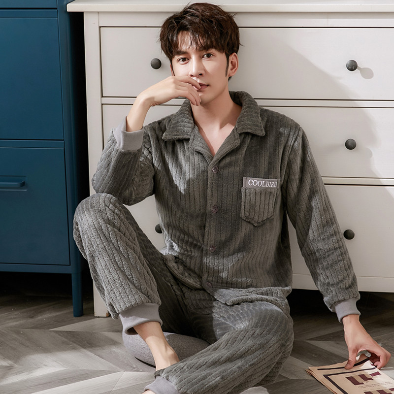 可莉允珊瑚绒睡衣男冬季加厚加绒保暖秋冬款青年学生法兰绒家居服套装
