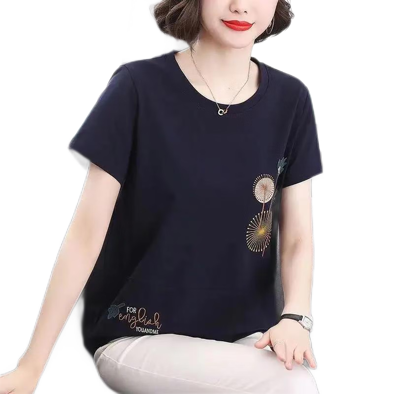 棉质短袖t恤女圆领绣花2022新款潮春夏韩版宽松妈妈外穿遮肚上衣威珺