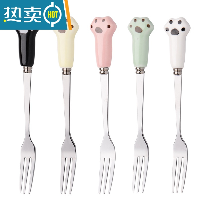 敬平不锈钢水果叉套装创意可爱水果签甜品叉蛋糕叉月饼叉吃水果小叉子 黑色猫爪[5支]