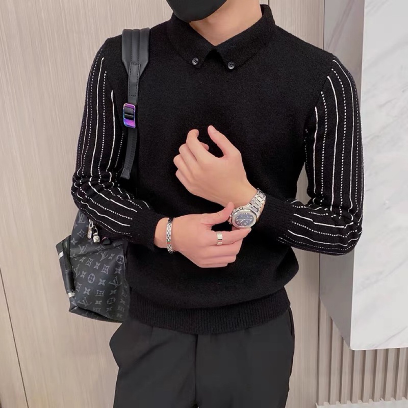 满速春秋韩版修身假两件毛衣男休闲百搭高端针织衫背心衬衫领上衣