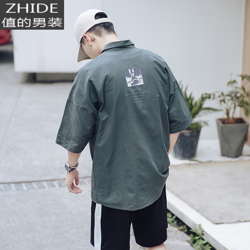 SUNTEK夏季复古工装风印花短袖衬衫男士潮流半袖宽松中袖衬衣衬衫高清大图
