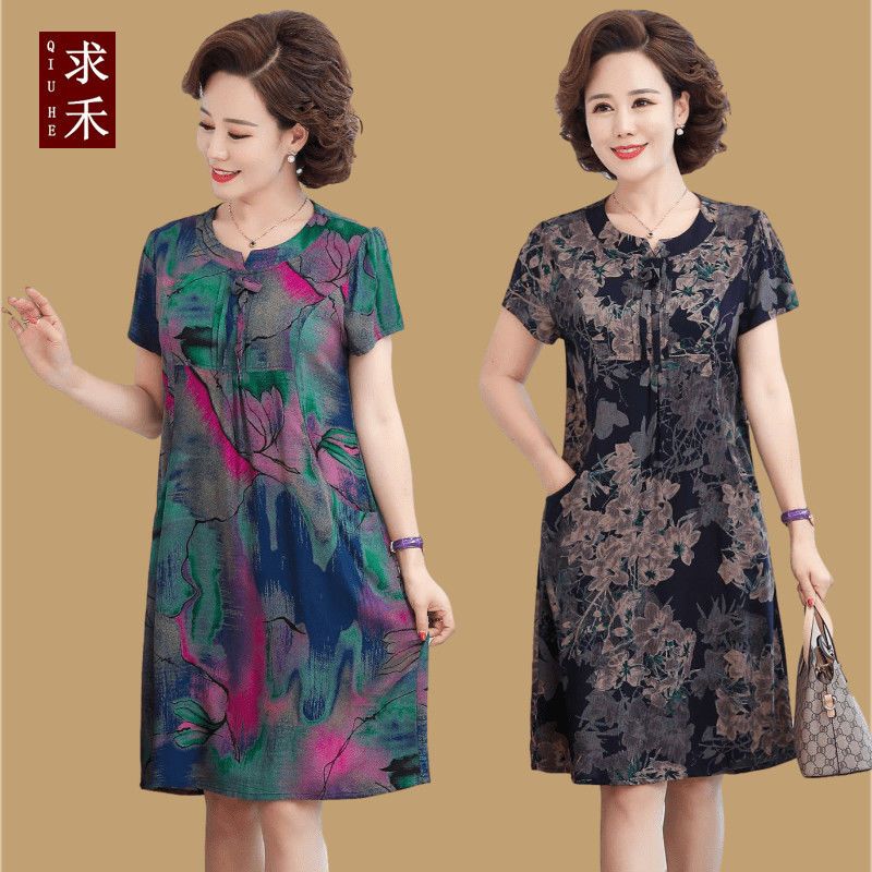 中老年绵稠连衣裙肥妈妈夏装短袖中年人女棉绸洋气裙子50岁60大码
