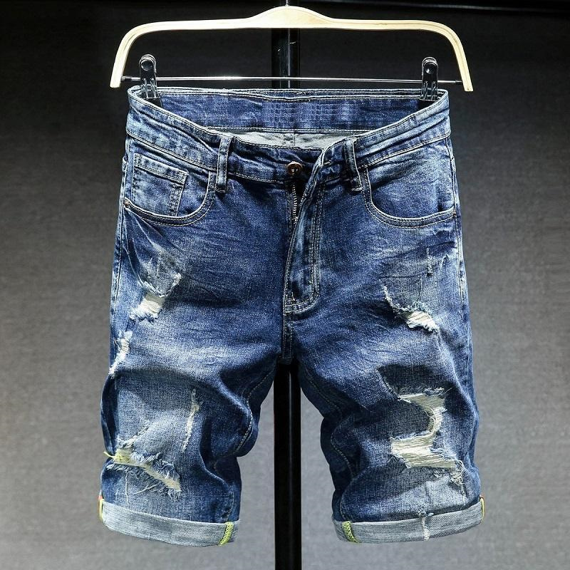 圣吉奥牛仔短裤男夏季薄款宽松直筒破洞马裤休闲潮牌男士五分中裤