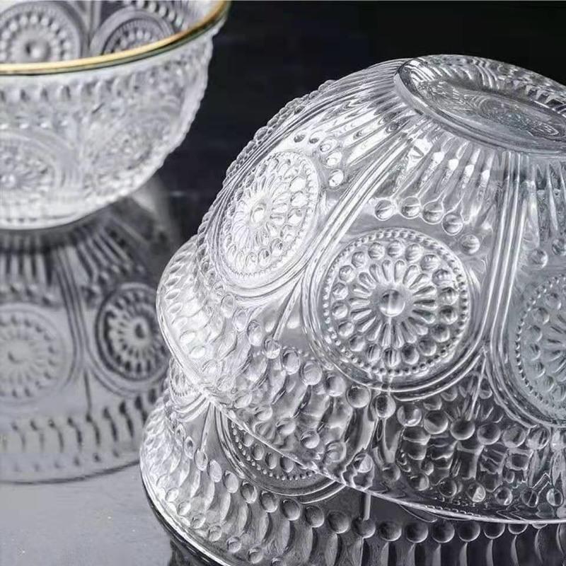 太阳花碗2只装 太阳花碗家用浮雕复古碗精致玻璃碗太阳花碗两只四只装米饭玻璃碗