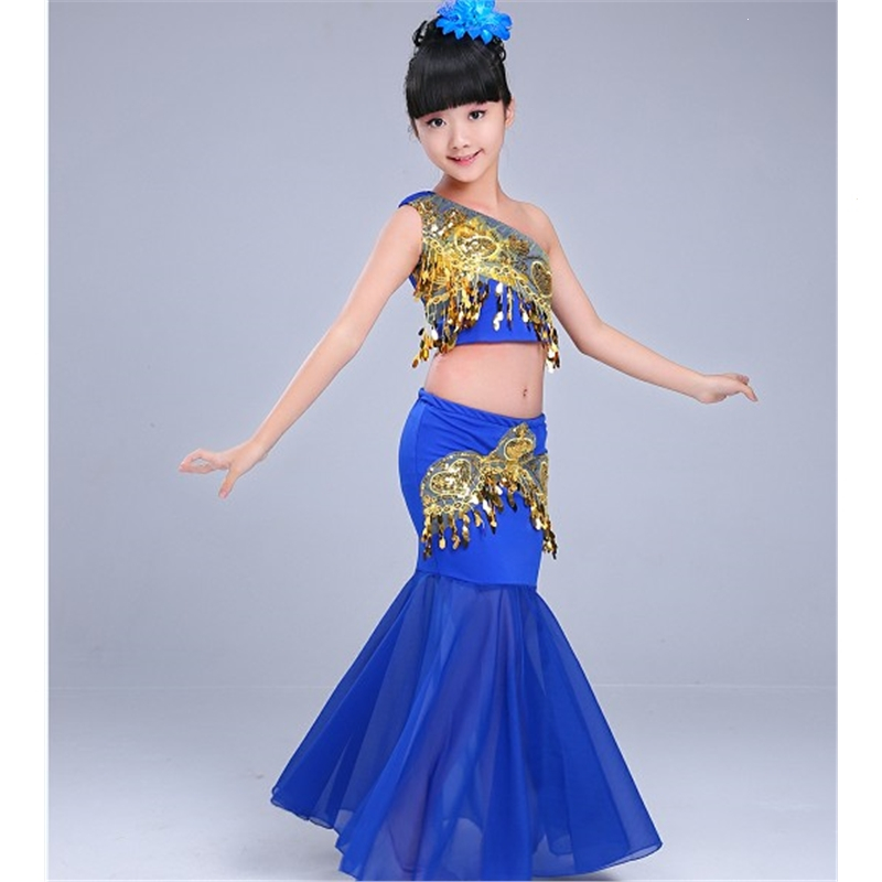 儿童傣族舞蹈服古达孔雀舞演出服装彩云之南鱼尾裙肚皮舞民族表演服女