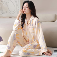 春秋季新款长袖开衫家居服棉质睡衣女款休闲宽松翻领两件套可外穿 女XL E8909