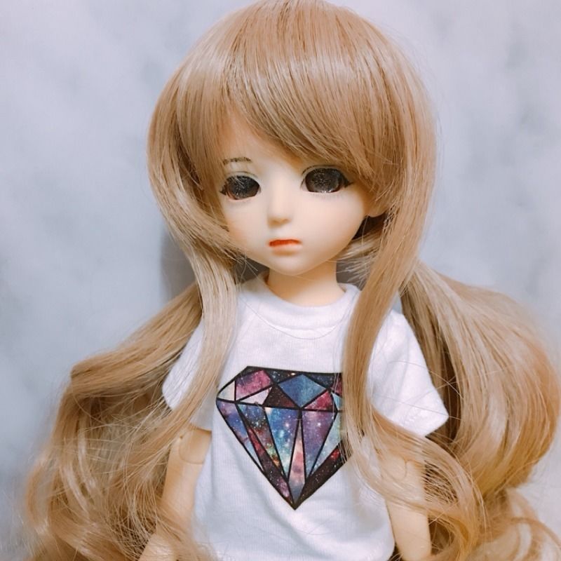 bjdsdaeblythe娃娃假发娃发双马尾亚麻卷发14分13修脸假发亚麻金色4分