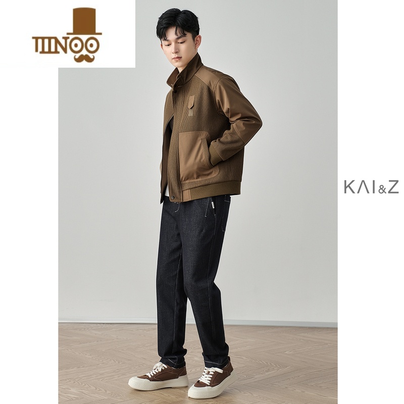 YANXU立领外套男韩版潮流宽松百搭休闲针织拼接皱春装上衣夹克高清大图
