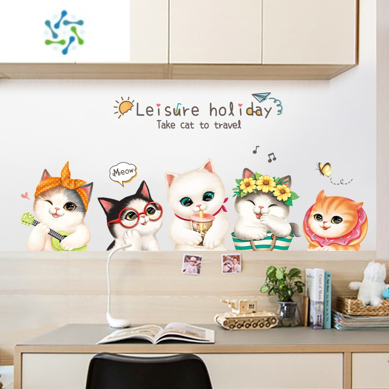 三维工匠卡通猫咪贴纸衣柜子门贴墙面装饰小大图案墙壁贴画遮丑墙贴纸自粘 M款·缤纷小聚会 大