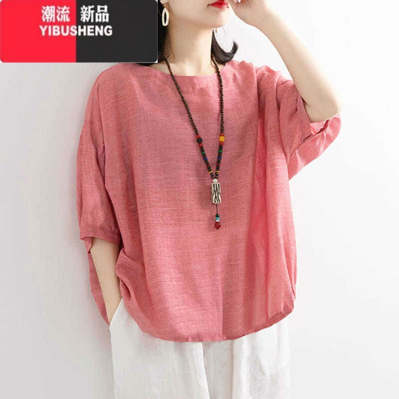 YIBUSHENG仿棉麻春季薄款中袖t恤女大码女装休闲打底衫上衣新款高清大图