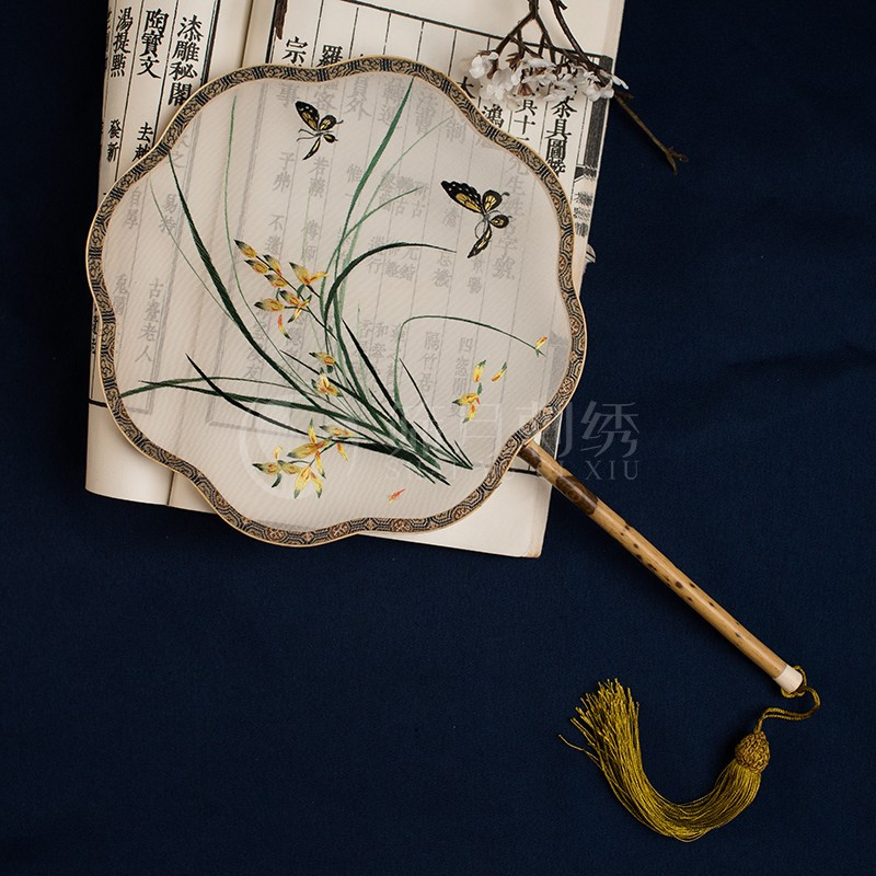 古苏绣花湘妃竹手工苏绣古代汉服圆扇宫廷扇双面 扇子