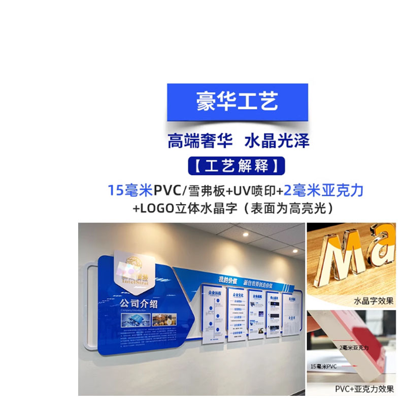 肯帝邦立体亚克力企业文化墙豪华工艺定制-15MM雪弗板+2mm亚克力+LOGO立体水晶字 每平方价格(含设计安装)高清大图