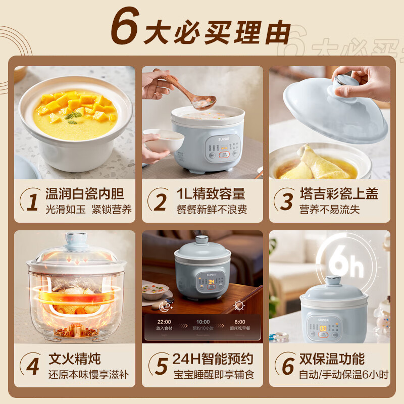 苏泊尔(SUPOR)电炖锅电炖盅炖汤盅1L/升容量煲汤锅煮粥锅婴儿宝宝熬粥燕窝炖盅养生1-3人辅食锅DG10YC883