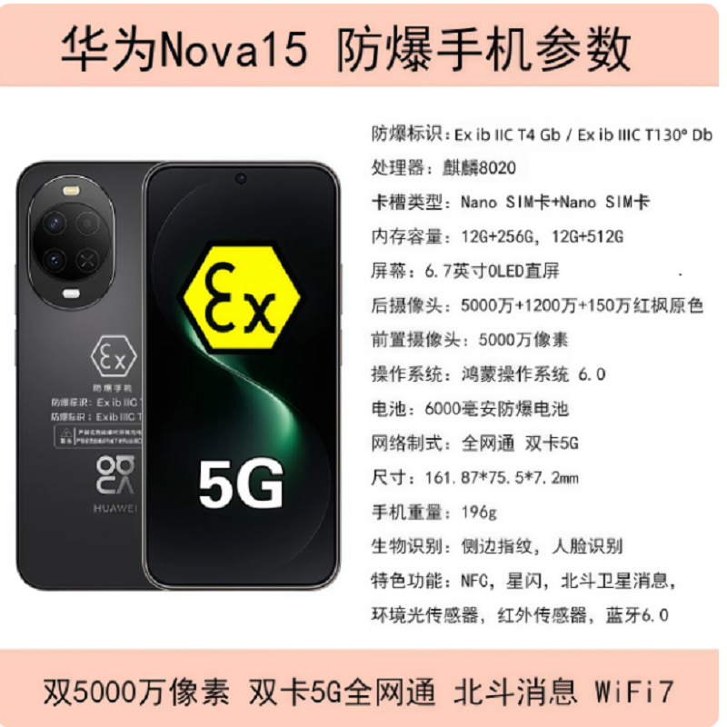 华为nova15 256GB 防爆手机 5G全网通制药厂化工厂石油本安型EX巡检防爆定制版高清大图