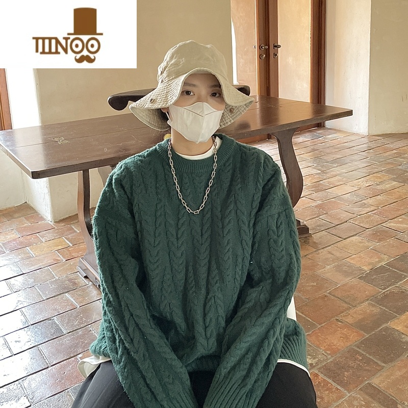 YANXU日系麻花宽松毛衣外穿男女情侣韩版设计慵懒风港风圆领针织外套男高清大图