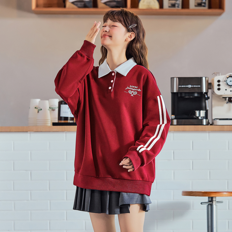 唐狮新款polo衫女2024春秋长袖翻领卫衣宽松百搭设计感上衣_24210 M 大红