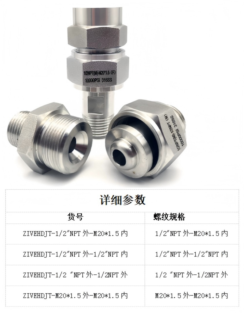 ZIVE 不锈钢仪表活动接头 ZIVEHDJT-1/2“NPT外-M20*1.5内 个高清大图
