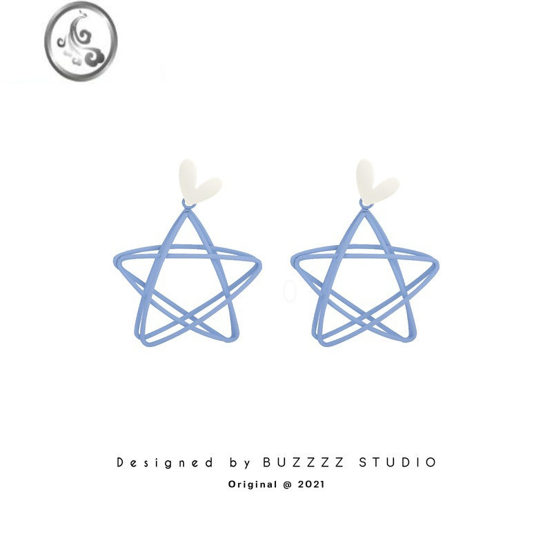 JiMi五角星少女感镂空蓝色小众设计耳环简约个性耳钉百搭耳夹无耳洞女