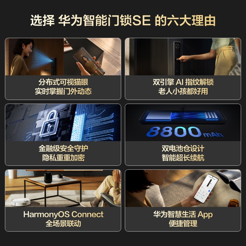 华为智能门锁 SE 猫眼版 分布式可视猫眼 双引擎AI指纹解锁 金融级安全守护 1080P高清 8800mAh容量电池