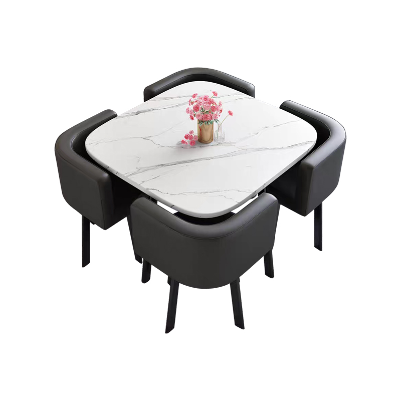 中豫鑫泽ZYXZ4100957 简约接待桌椅洽谈桌椅 一桌四椅 白石根方桌黑色皮椅