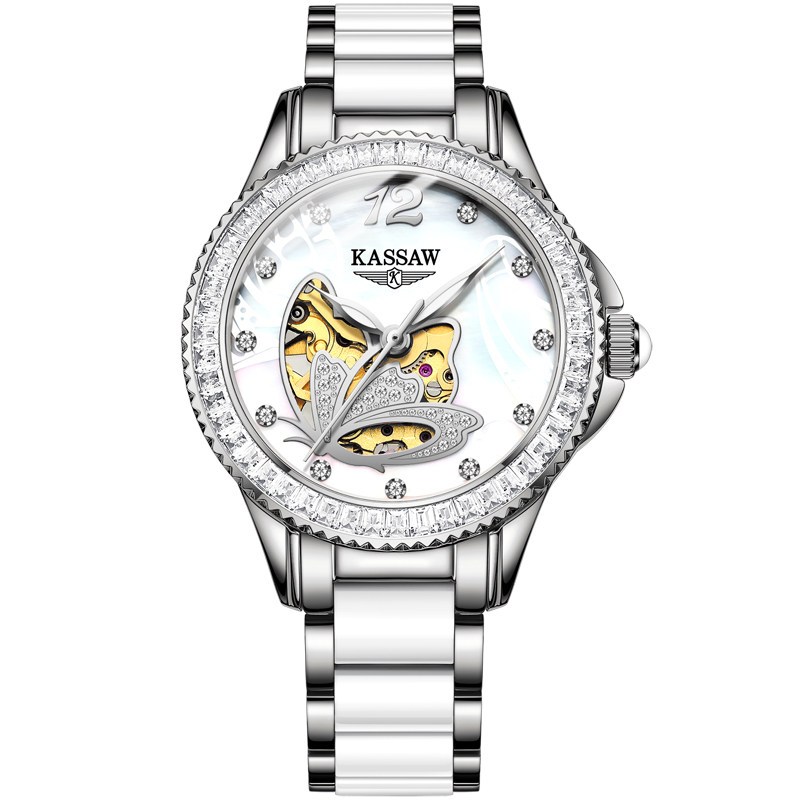 卡梭(KASSAW)手表女士白色新款国产品牌自动机械表防水时尚名牌商务陶瓷雕花镂空女表 K889L 气场银白