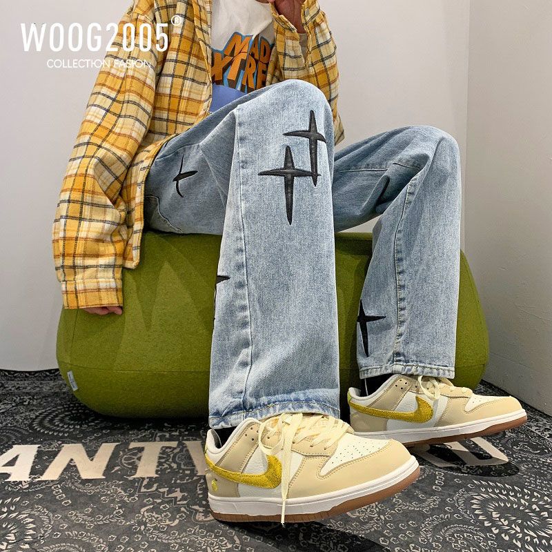 WOOG2005美式hiphop裤子男夏季潮复古烟灰色牛仔裤男宽松直筒长裤